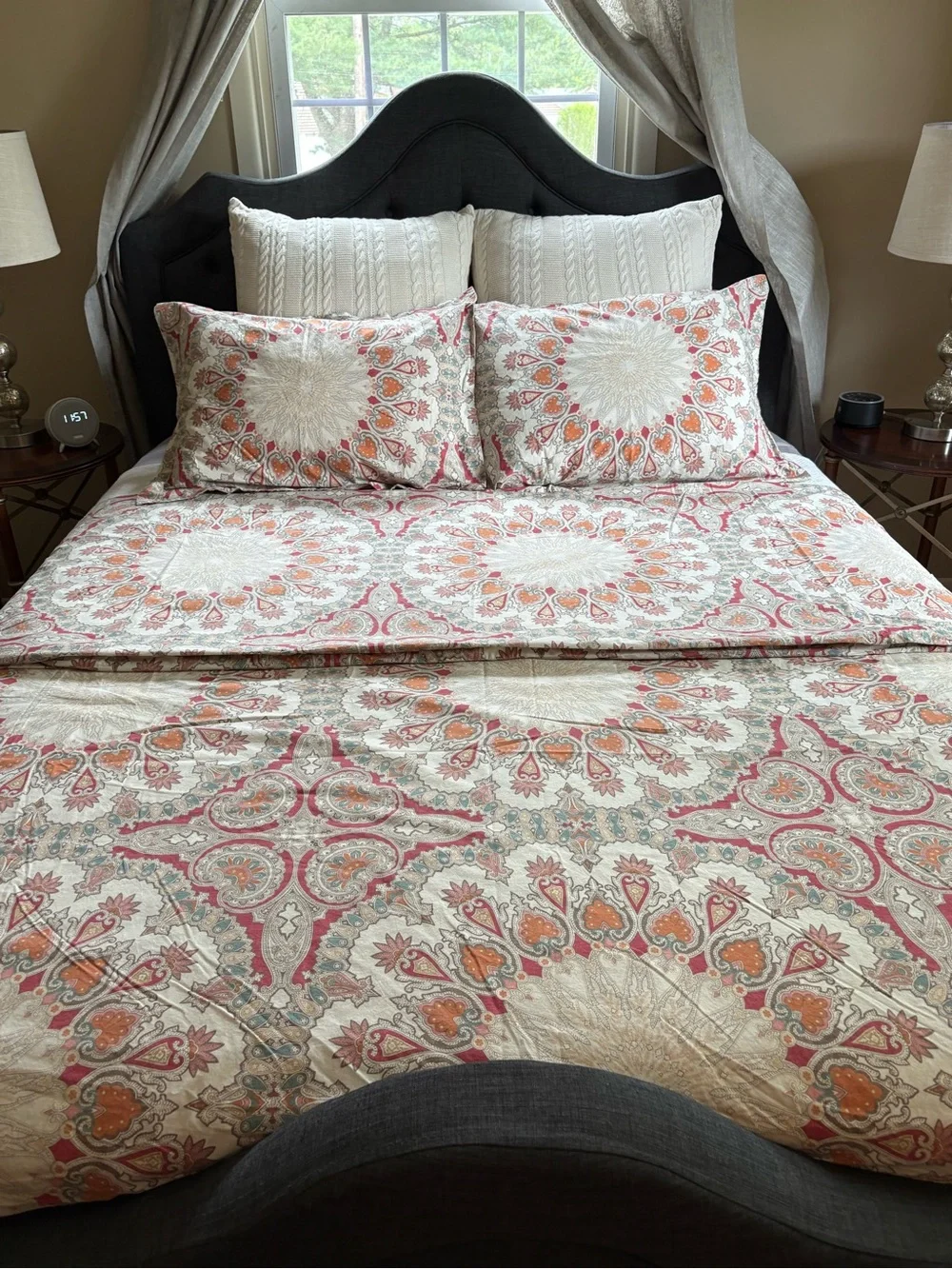 Pottery Barn Coral and Cream Medallion Queen Duvet Cover & Shams Set